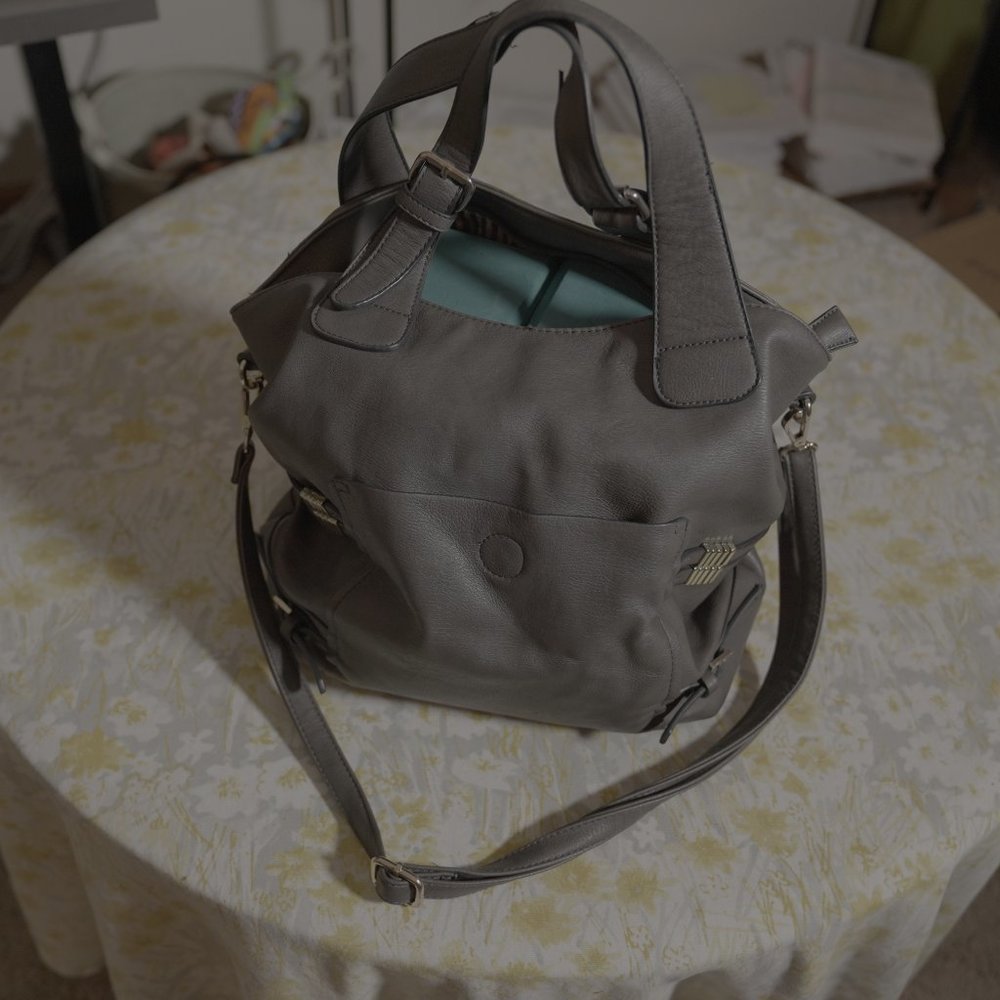 Large grey faux leather purse silk strip interior